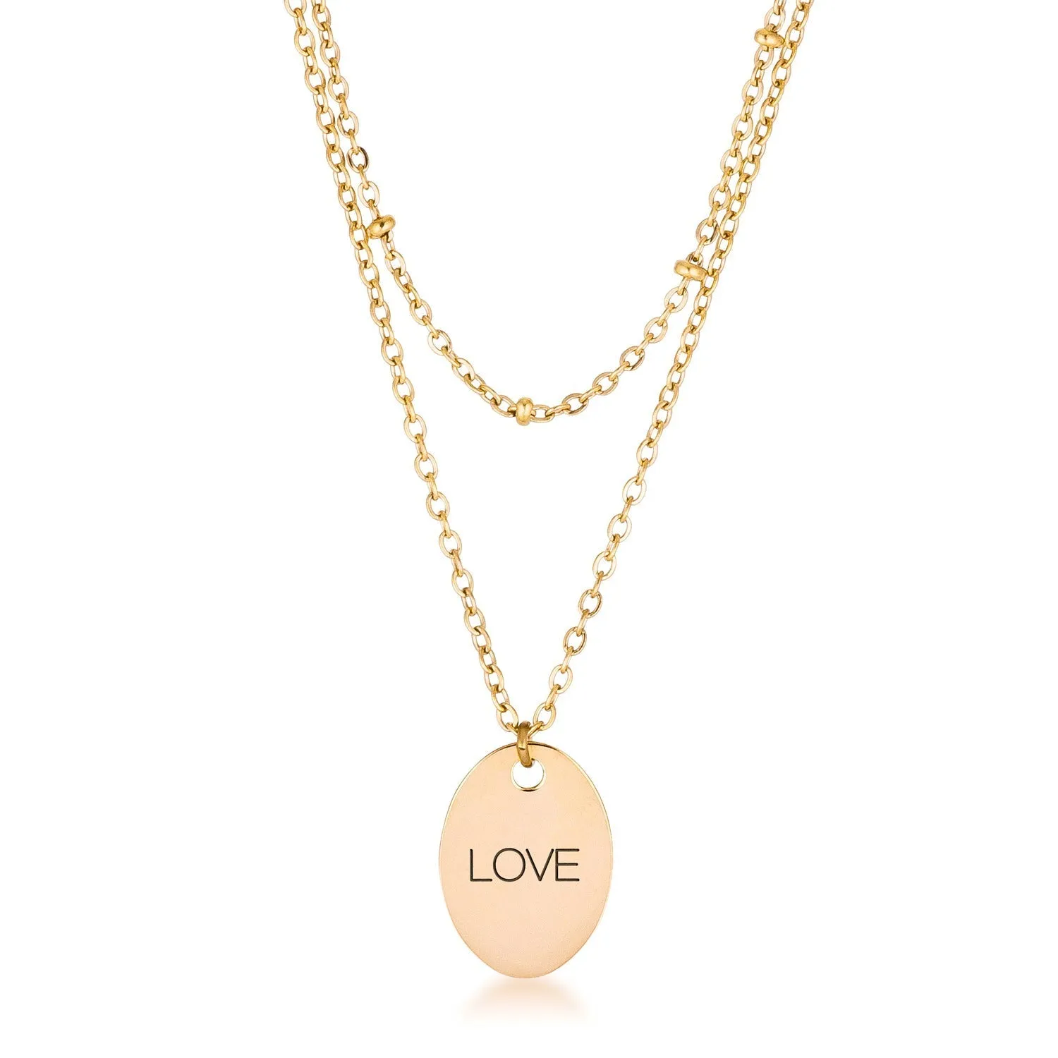 LOVCIA Stylish Dual Chain LOVE Pendant Necklace in Gold Finish