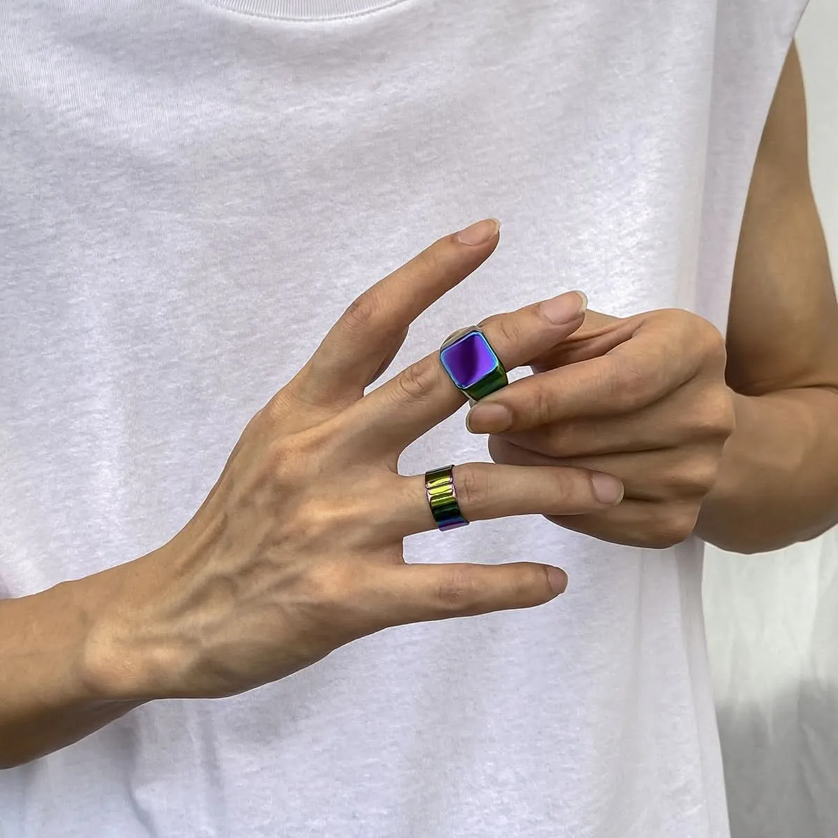 Men’s Colorful Geometric Metal Rings, 2-Piece Set