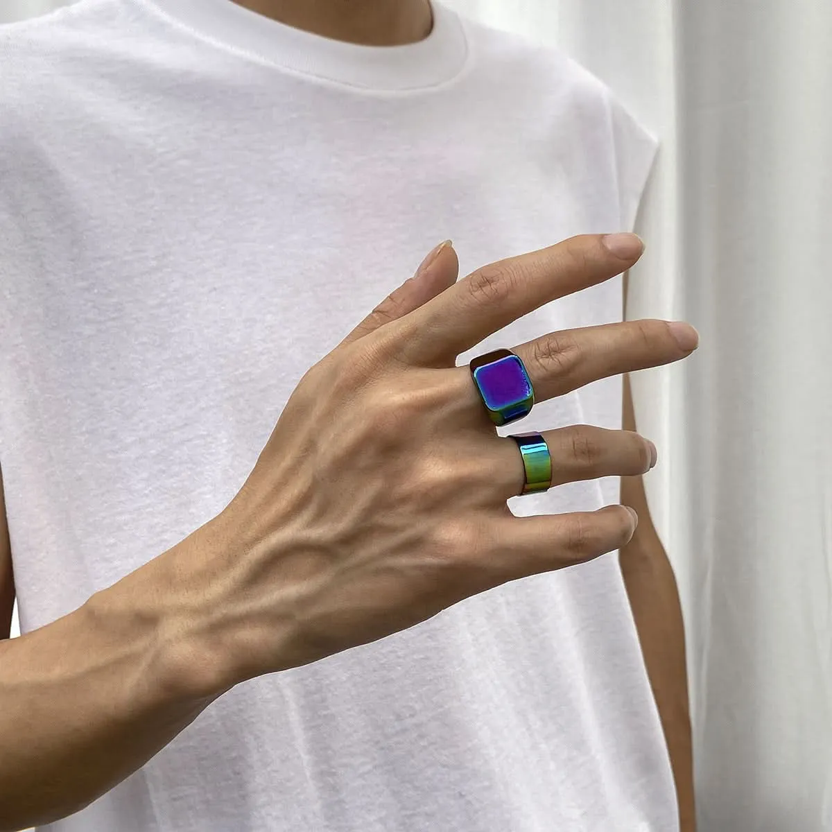 Men’s Colorful Geometric Metal Rings, 2-Piece Set