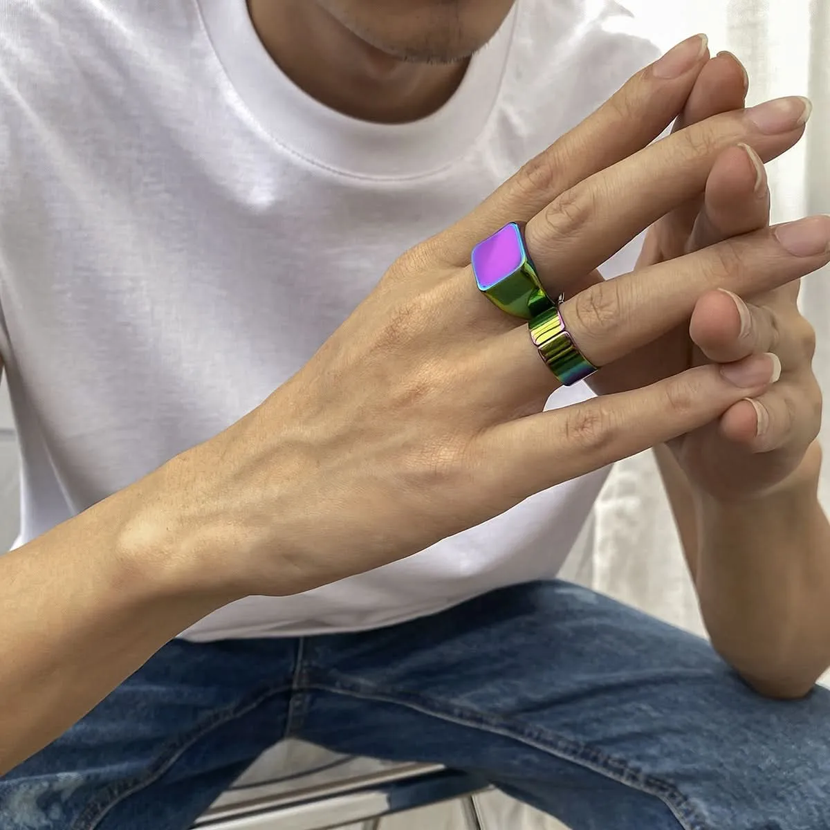 Men’s Colorful Geometric Metal Rings, 2-Piece Set