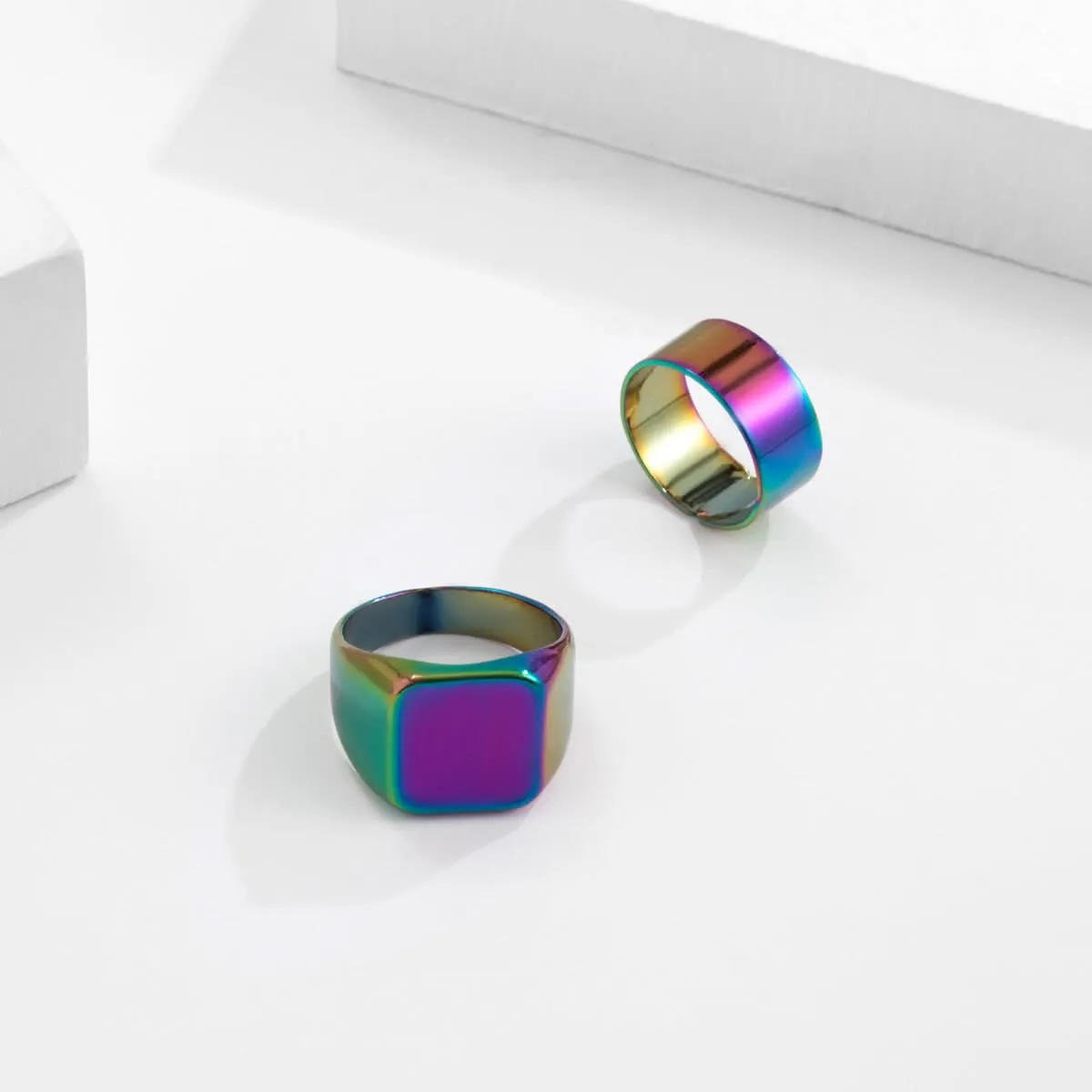 Men’s Colorful Geometric Metal Rings, 2-Piece Set