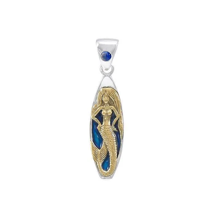 Mermaid Surfboard Sterling Silver & 14K Gold Accent Pendant MPD077