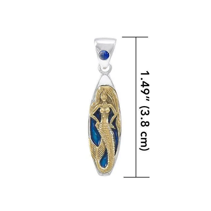 Mermaid Surfboard Sterling Silver & 14K Gold Accent Pendant MPD077
