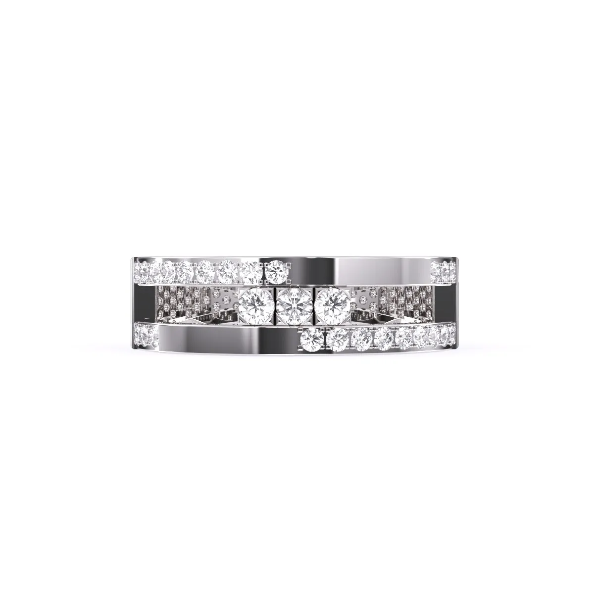 Modern Two Row Pave Three Diamond Ring