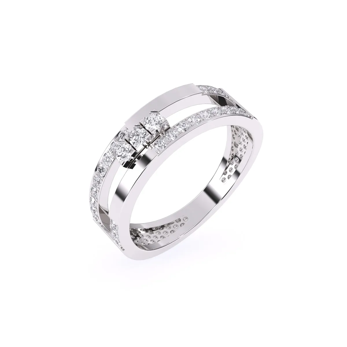 Modern Two Row Pave Three Diamond Ring