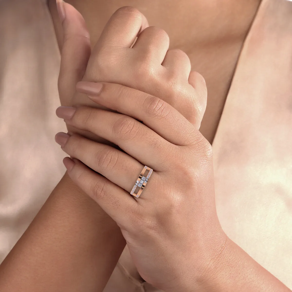 Modern Two Row Pave Three Diamond Ring