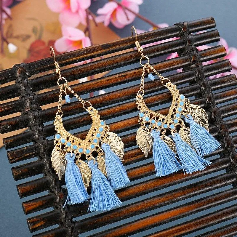 Multicolor Bohemian Trend Leaf Tassel Drop Earrings