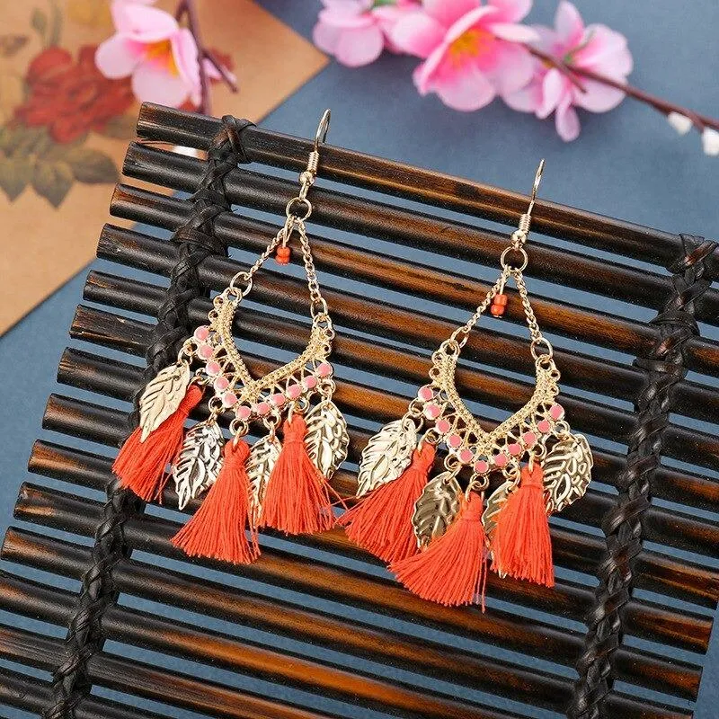 Multicolor Bohemian Trend Leaf Tassel Drop Earrings