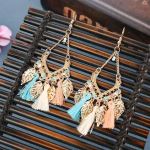 Multicolor Bohemian Trend Leaf Tassel Drop Earrings