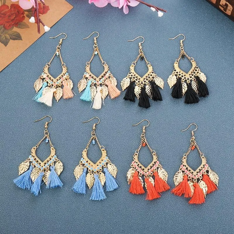 Multicolor Bohemian Trend Leaf Tassel Drop Earrings