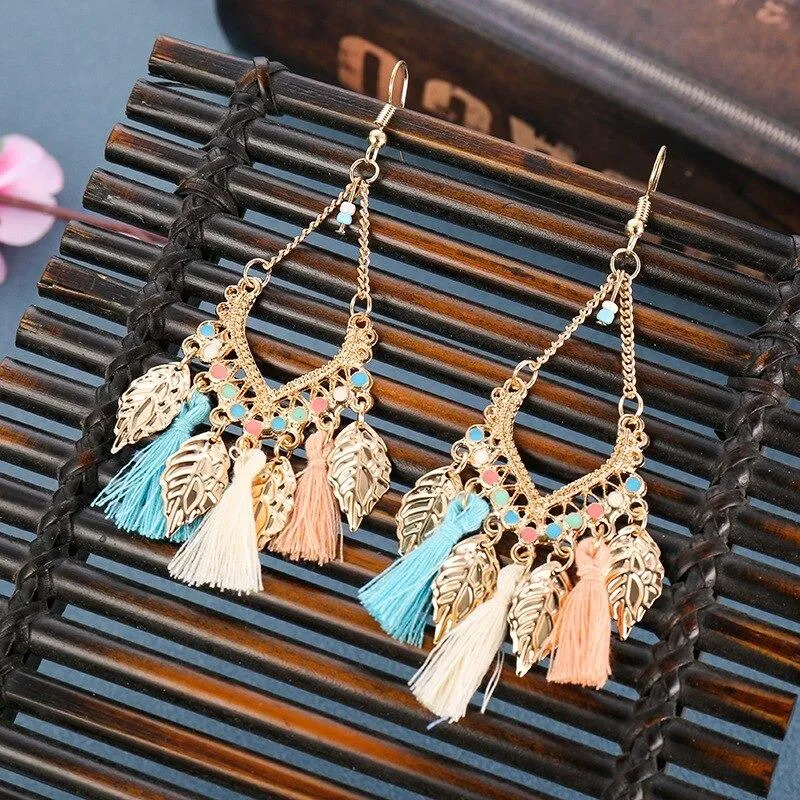 Multicolor Bohemian Trend Leaf Tassel Drop Earrings
