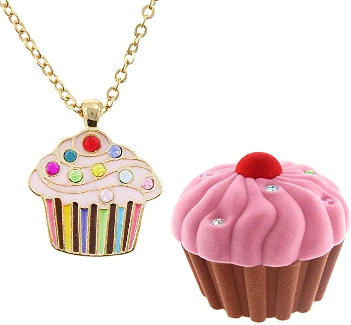 New Kid's Cupcake Crystal & Enamel Pendant Necklace in Cup Cake shaped Gift Jewelry Box