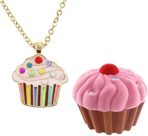 New Kid's Cupcake Crystal & Enamel Pendant Necklace in Cup Cake shaped Gift Jewelry Box