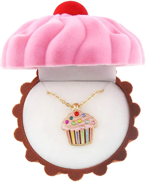 New Kid's Cupcake Crystal & Enamel Pendant Necklace in Cup Cake shaped Gift Jewelry Box