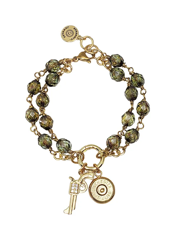 Olive Beaded Circle Clip Ring Gold Bullet Charm Bracelet