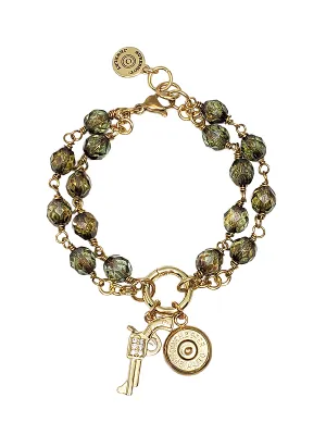 Olive Beaded Circle Clip Ring Gold Bullet Charm Bracelet