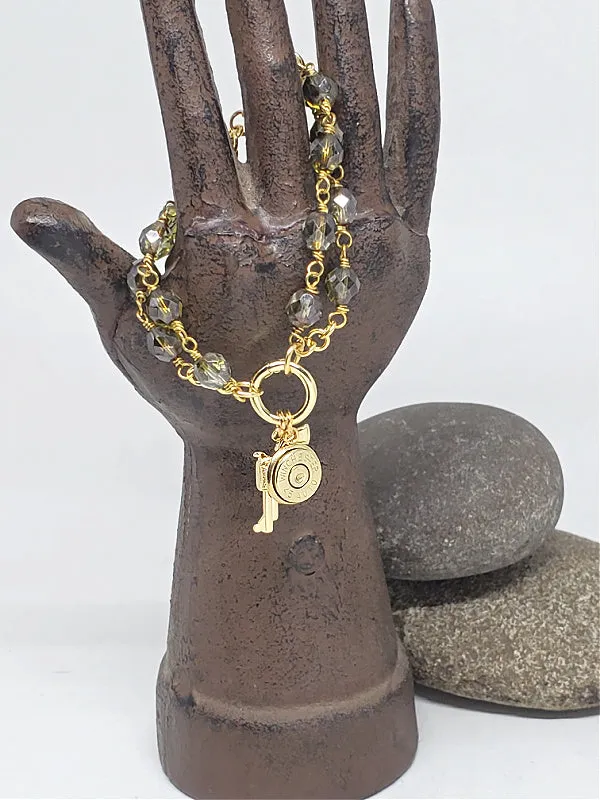 Olive Beaded Circle Clip Ring Gold Bullet Charm Bracelet