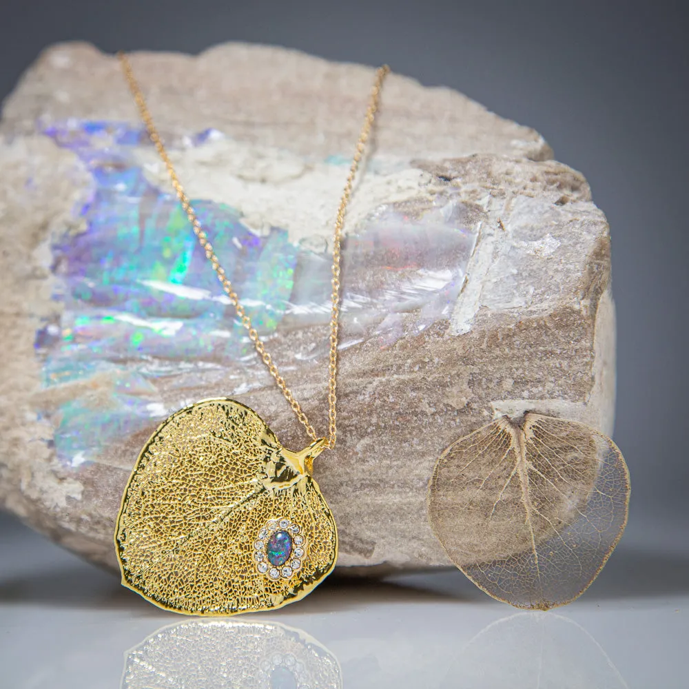 Opal & Sparkling Zirconia on Gold Eucalyptus Apple Gum Leaf Pendant