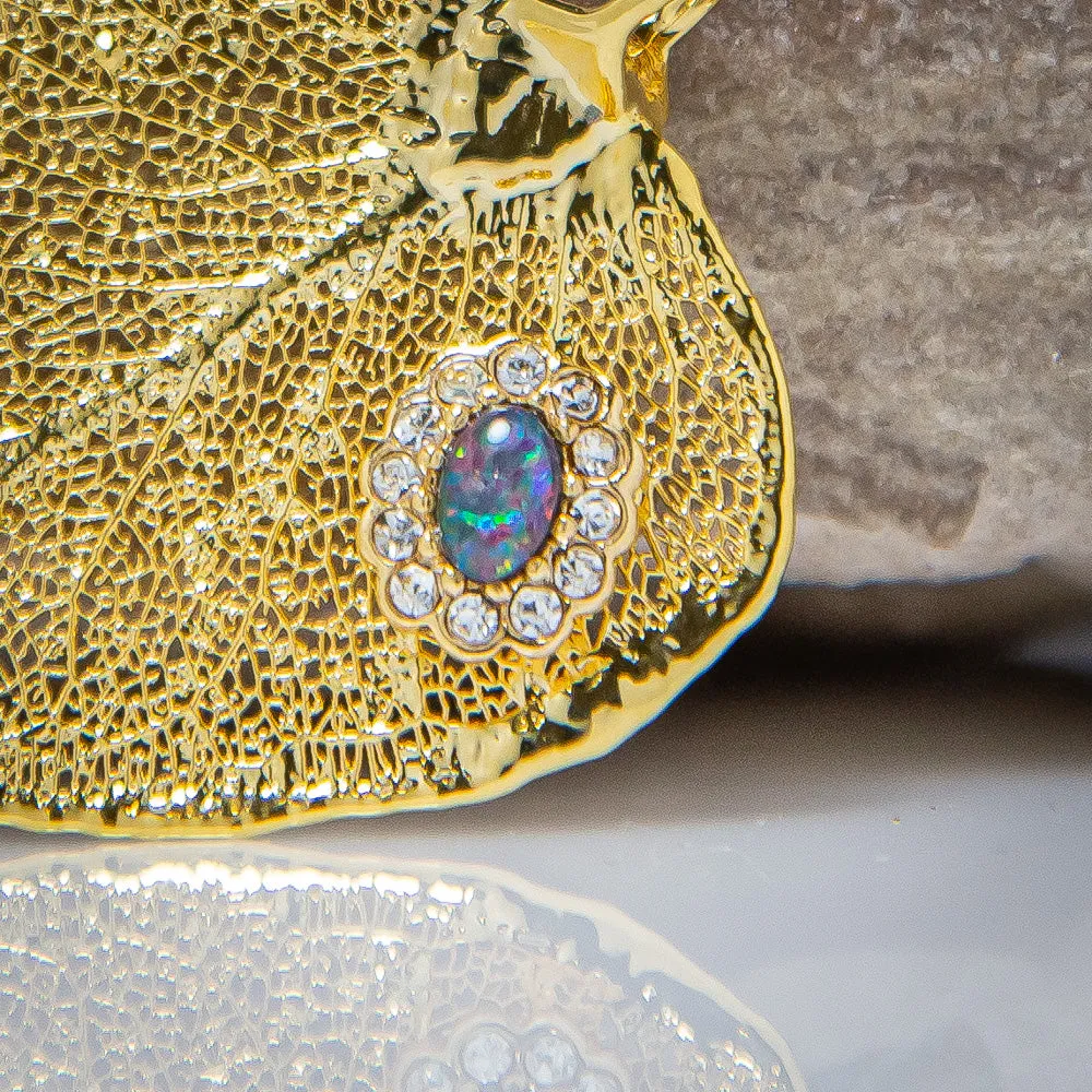 Opal & Sparkling Zirconia on Gold Eucalyptus Apple Gum Leaf Pendant