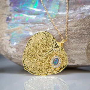 Opal & Sparkling Zirconia on Gold Eucalyptus Apple Gum Leaf Pendant