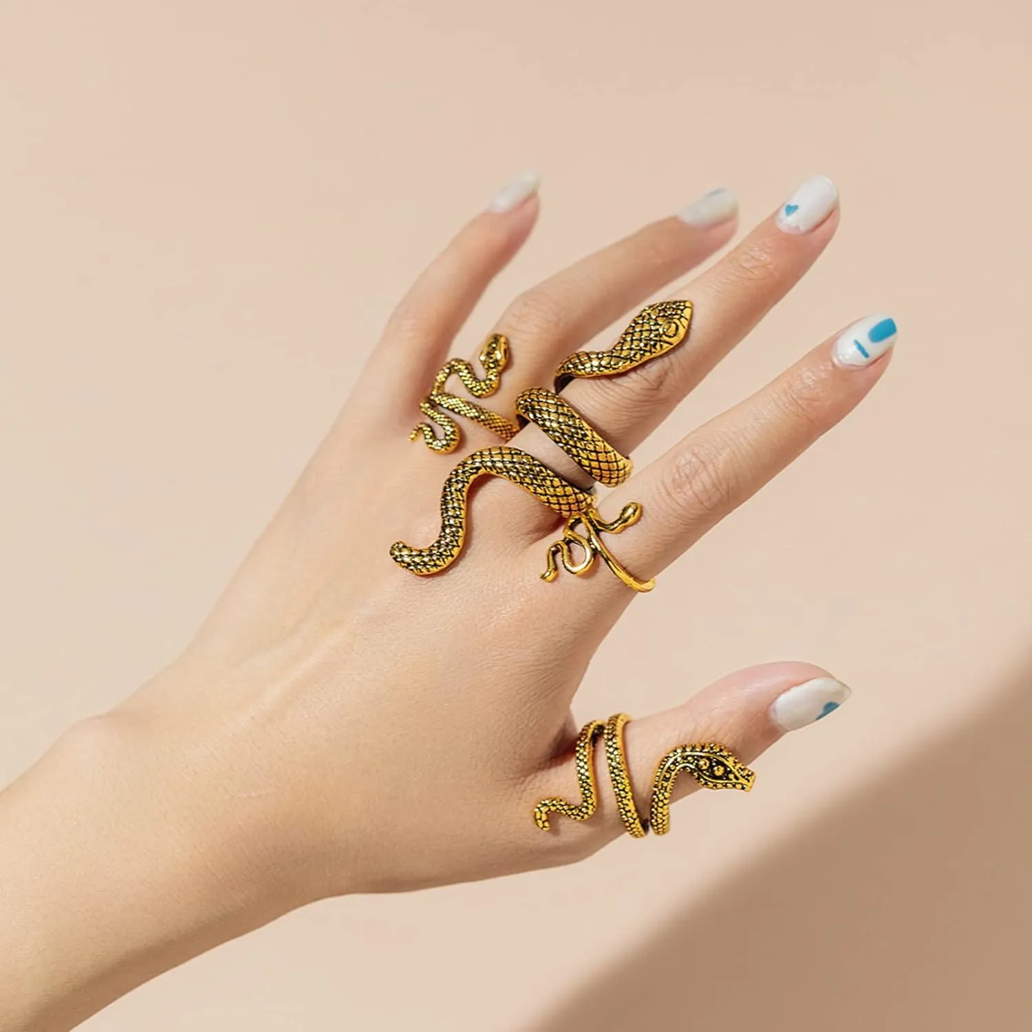 Otxas Gold Snake Ring - Adjustable Punk Boho Stacking Rings Set - Vintage Goth Silver Snake Ring Jewelry