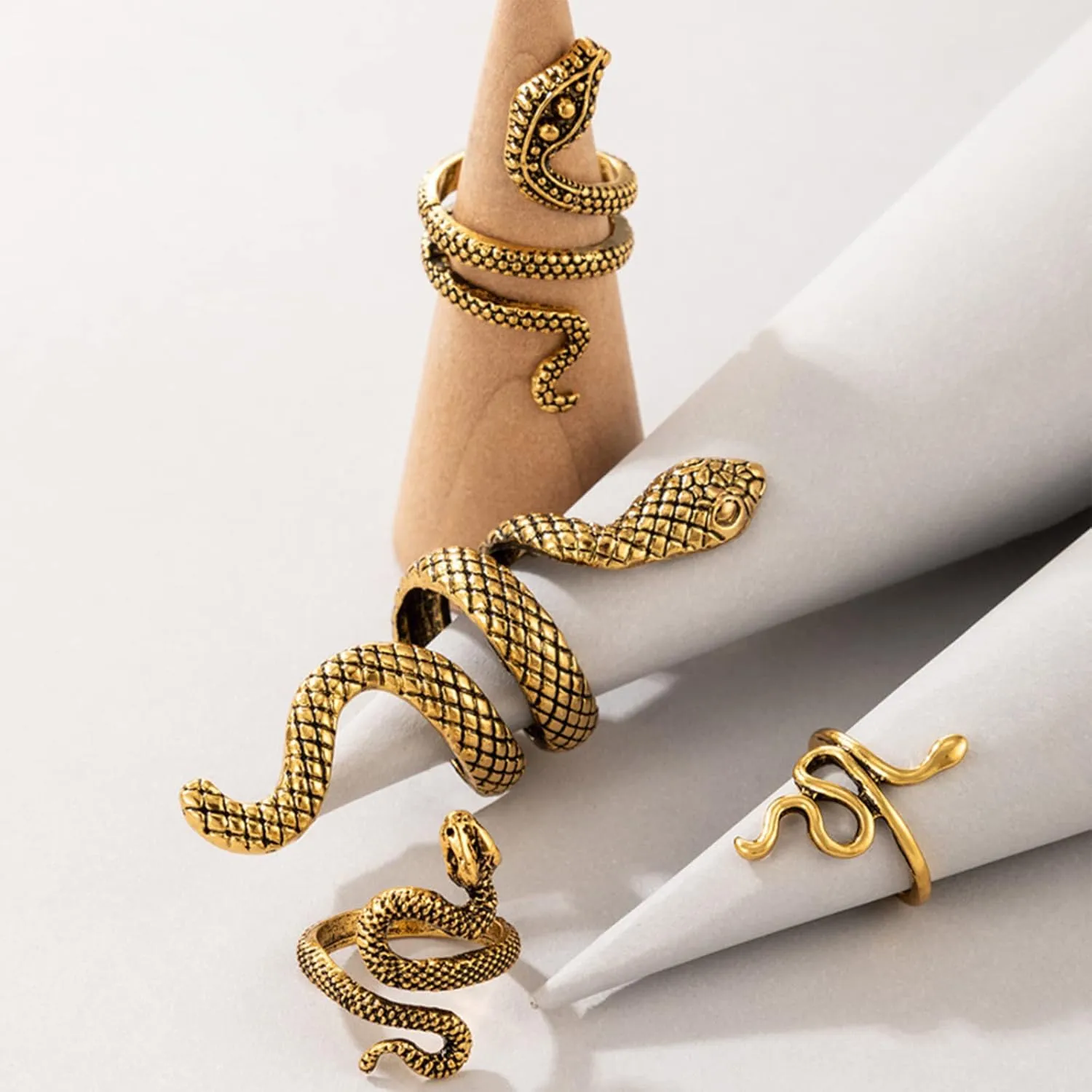Otxas Gold Snake Ring - Adjustable Punk Boho Stacking Rings Set - Vintage Goth Silver Snake Ring Jewelry
