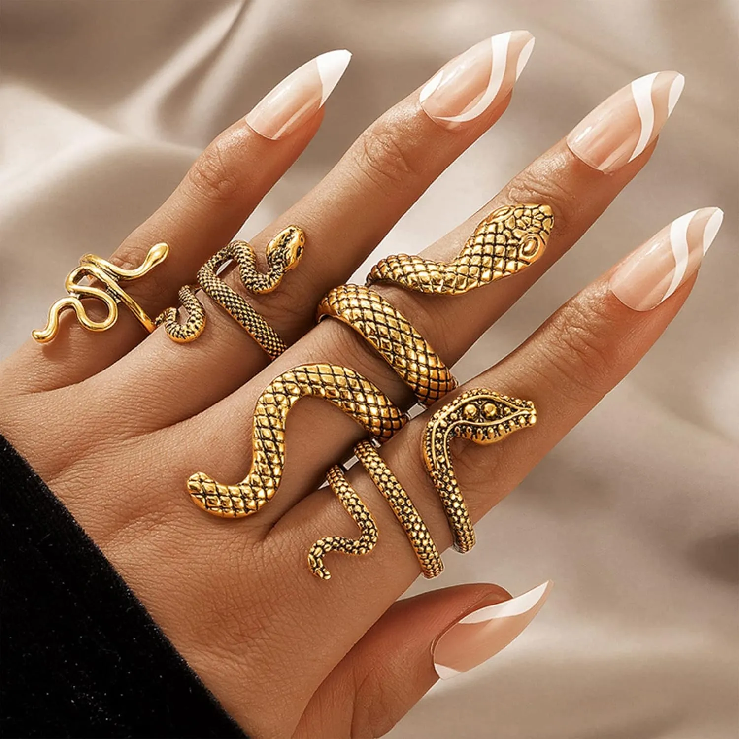 Otxas Gold Snake Ring - Adjustable Punk Boho Stacking Rings Set - Vintage Goth Silver Snake Ring Jewelry