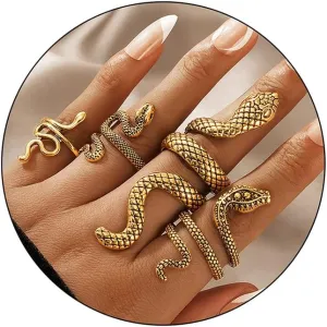 Otxas Gold Snake Ring - Adjustable Punk Boho Stacking Rings Set - Vintage Goth Silver Snake Ring Jewelry