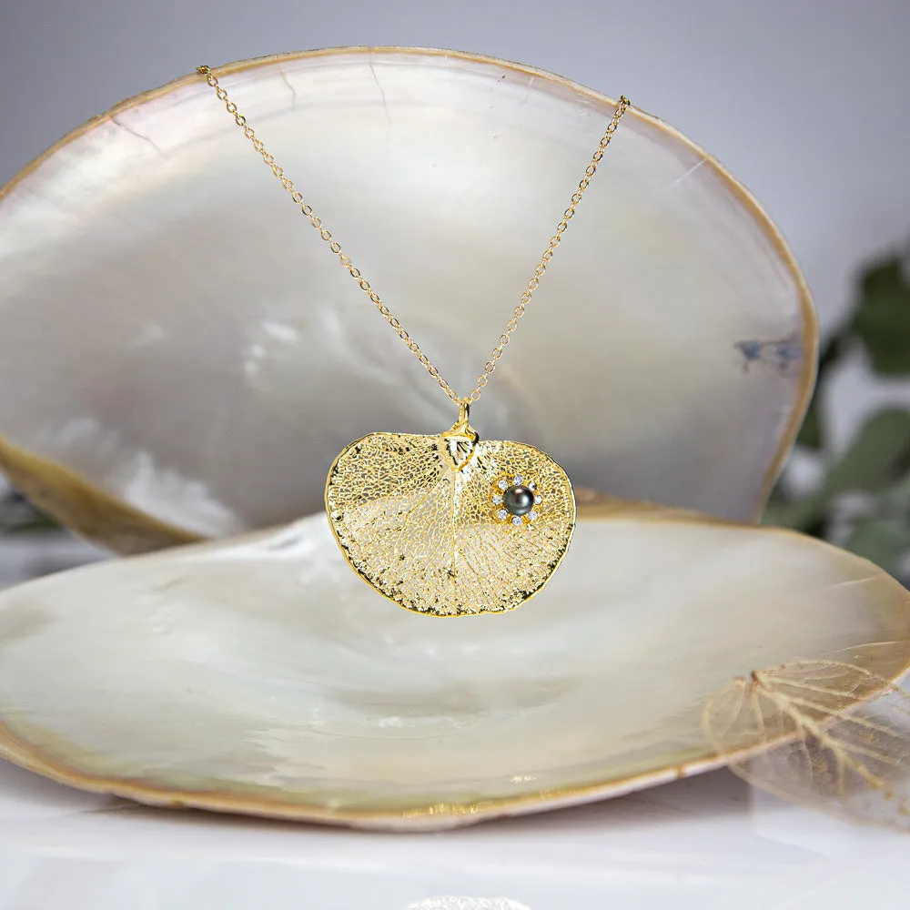 Pearl & Sparkling Zirconia on Apple Gum Eucalyptus Leaf Gold Pendant