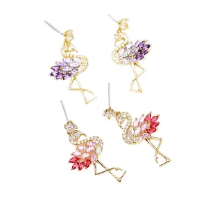Petite Delicate CZ Cubic Zirconia Flamingo Dangling Drop Gold Earrings