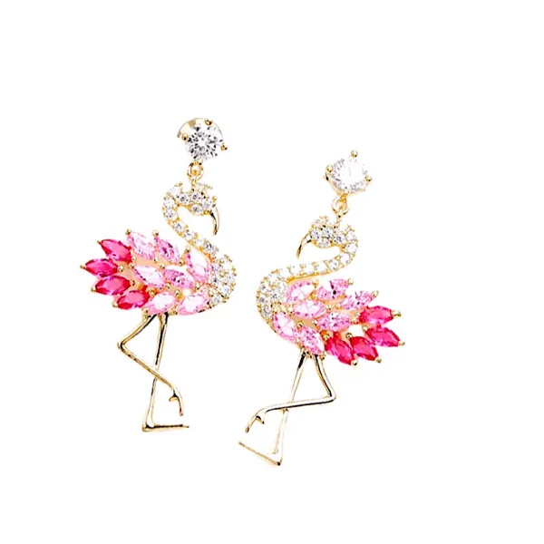 Petite Delicate CZ Cubic Zirconia Flamingo Dangling Drop Gold Earrings
