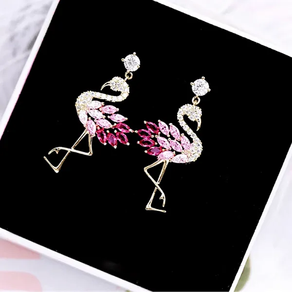 Petite Delicate CZ Cubic Zirconia Flamingo Dangling Drop Gold Earrings