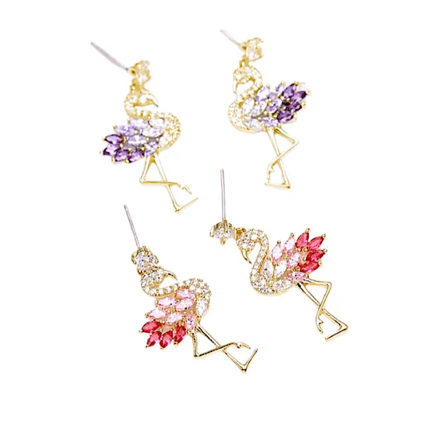 Petite Delicate CZ Cubic Zirconia Flamingo Dangling Drop Gold Earrings