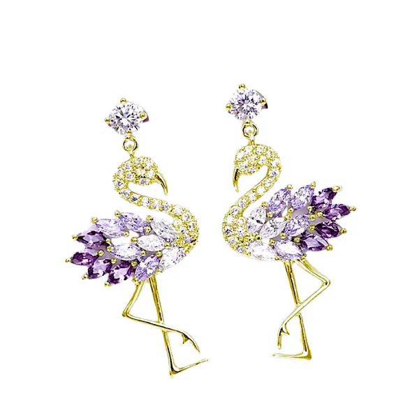 Petite Delicate CZ Cubic Zirconia Flamingo Dangling Drop Gold Earrings
