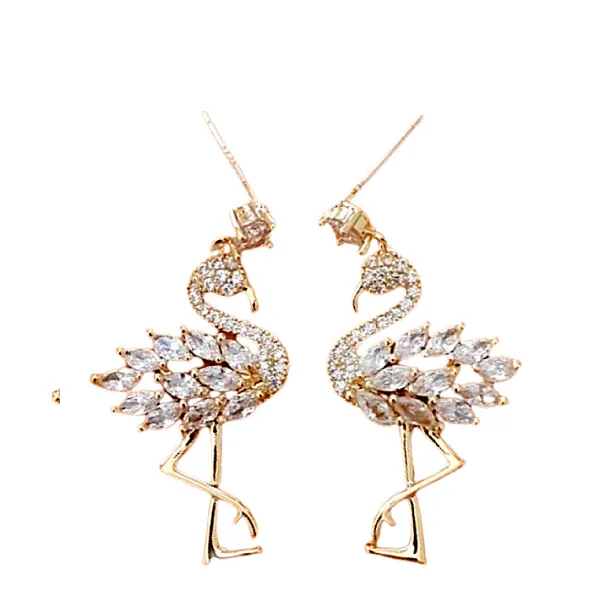 Petite Delicate CZ Cubic Zirconia Flamingo Dangling Drop Gold Earrings