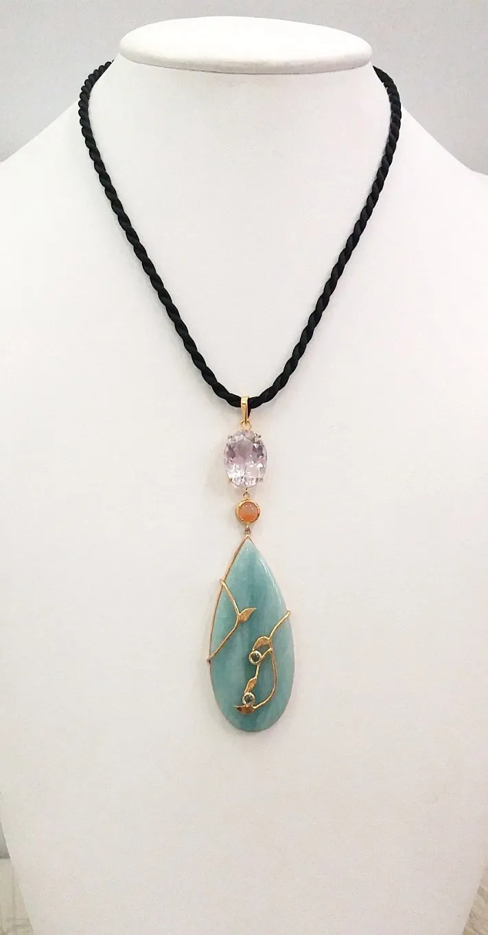 Pink Amethyst, Carnelian and Teardrop Jade Terra Firma Pendant