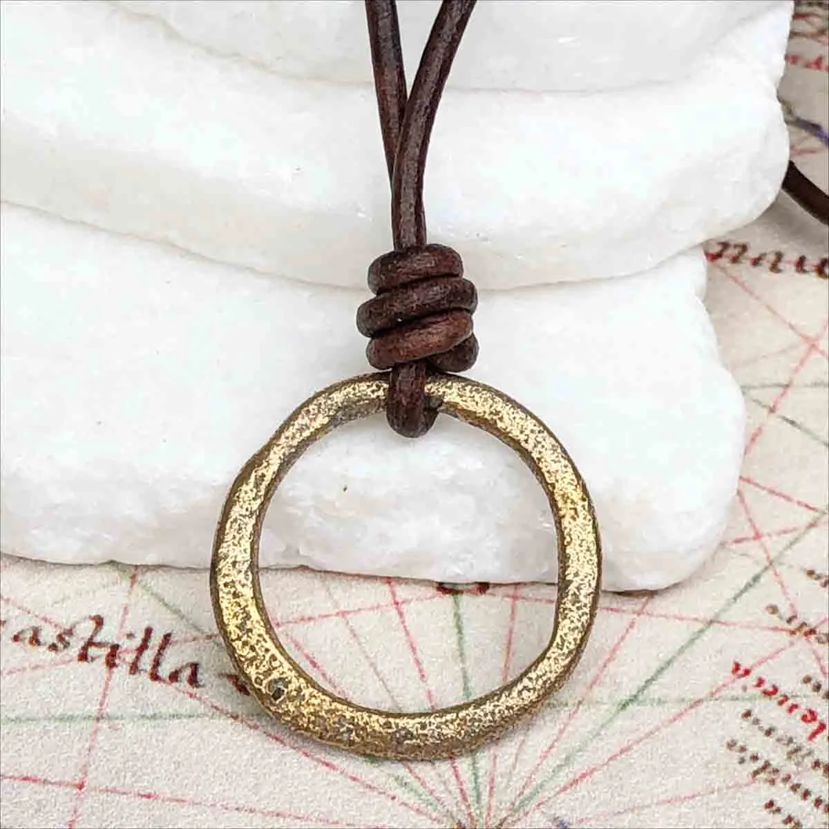 Red to Gold Bronze Celtic Ring Money Leather Necklace | Artifact #3393
