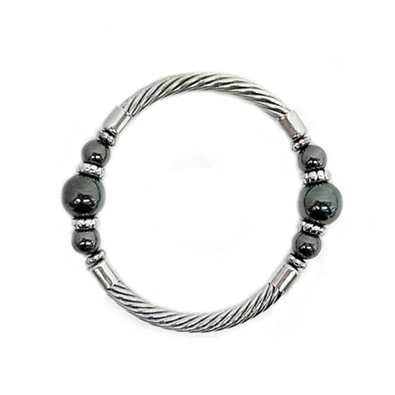 RHODIUM-HEMATITE HEMATITE PEARL CABLE STRETCH BRACELET  #SB15142_ROD-HEM (BC14)