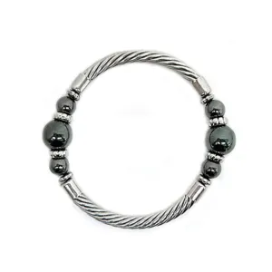 RHODIUM-HEMATITE HEMATITE PEARL CABLE STRETCH BRACELET  #SB15142_ROD-HEM (BC14)