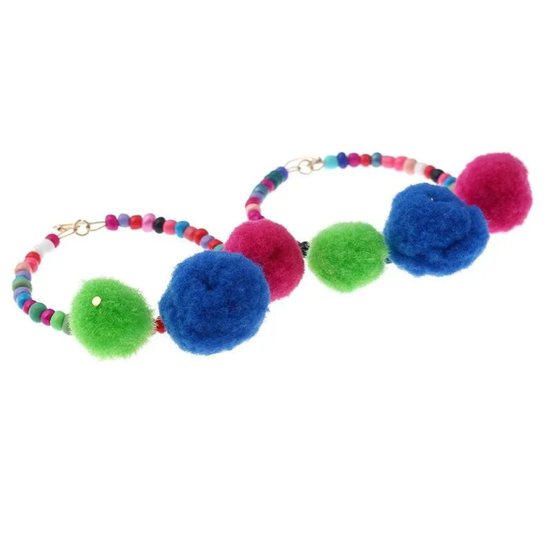 Round Drop Beaded Pompom Earrings