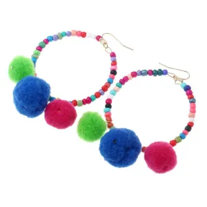 Round Drop Beaded Pompom Earrings