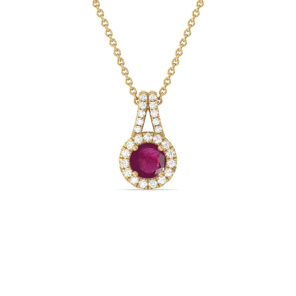 Round Ruby and Lab Diamond Classic Halo Pendant With Studded Split Bale
