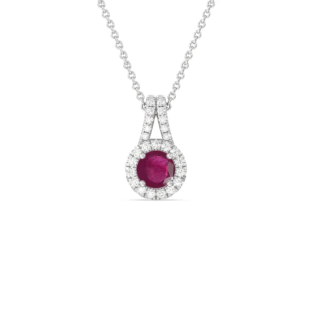 Round Ruby and Lab Diamond Classic Halo Pendant With Studded Split Bale