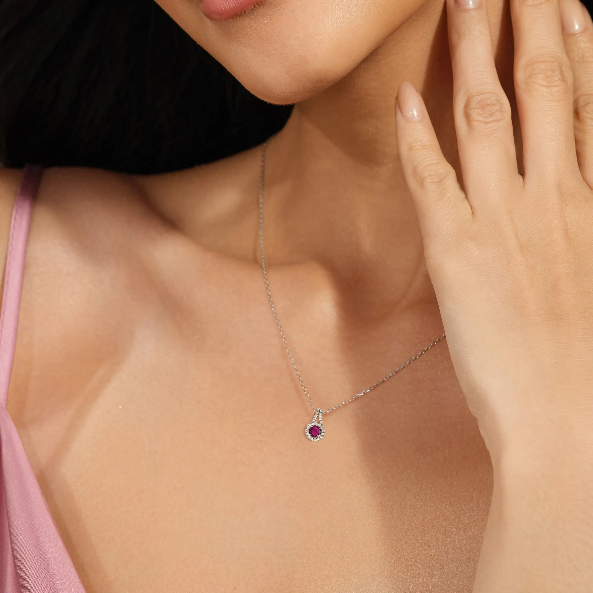 Round Ruby and Lab Diamond Classic Halo Pendant With Studded Split Bale