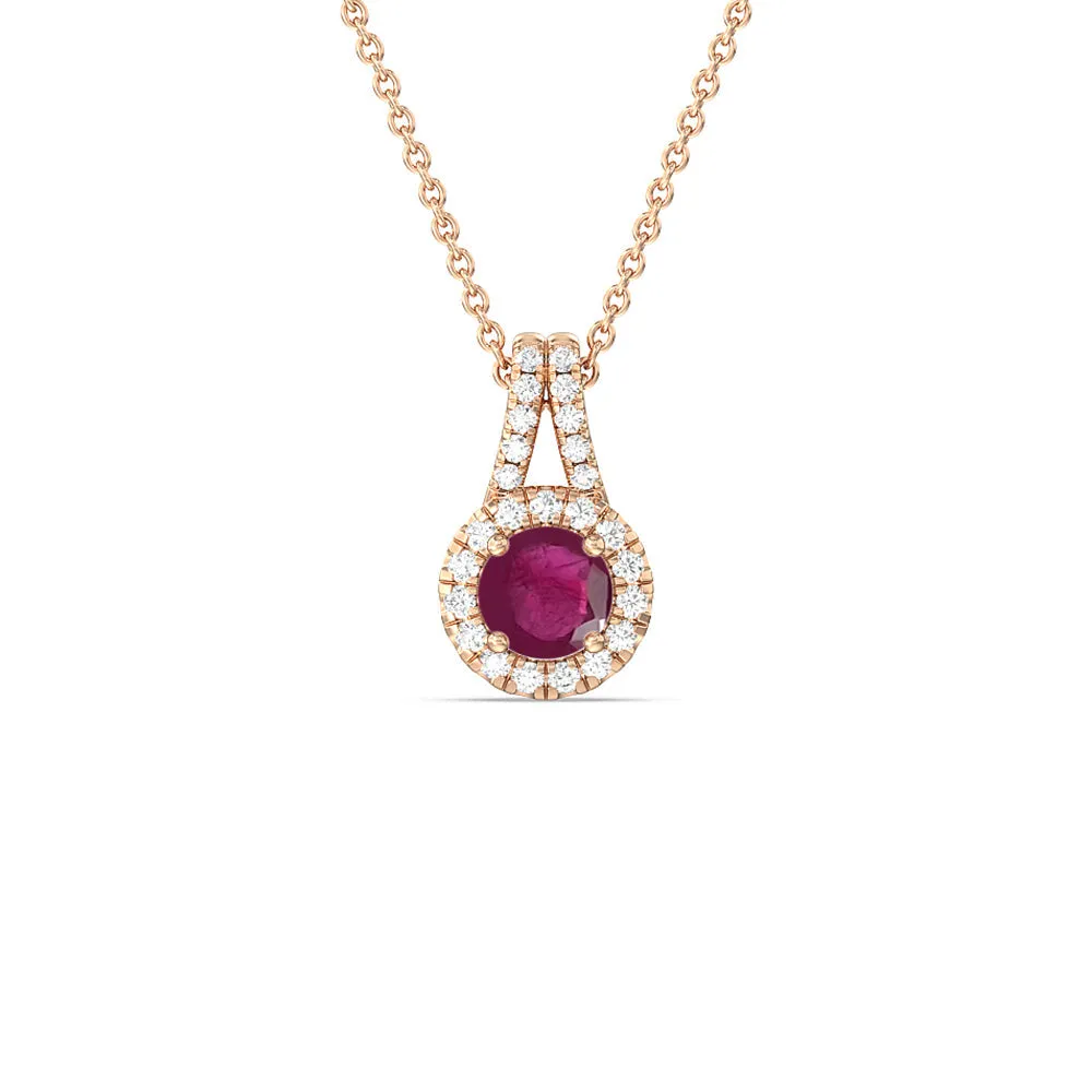 Round Ruby and Lab Diamond Classic Halo Pendant With Studded Split Bale