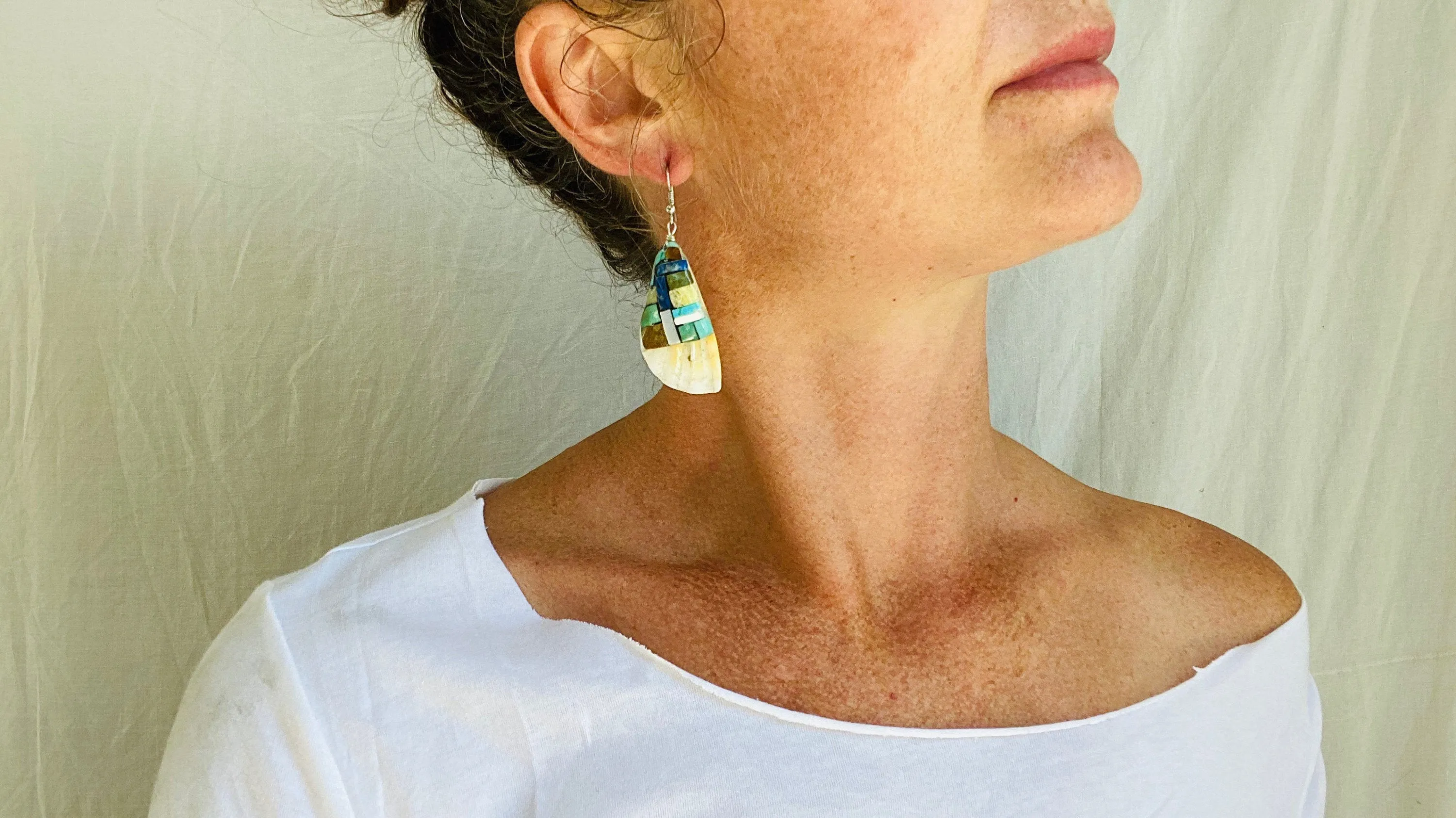 Santo Domingo Pueblo Shell & Stone Mosaic Earrings. Native American