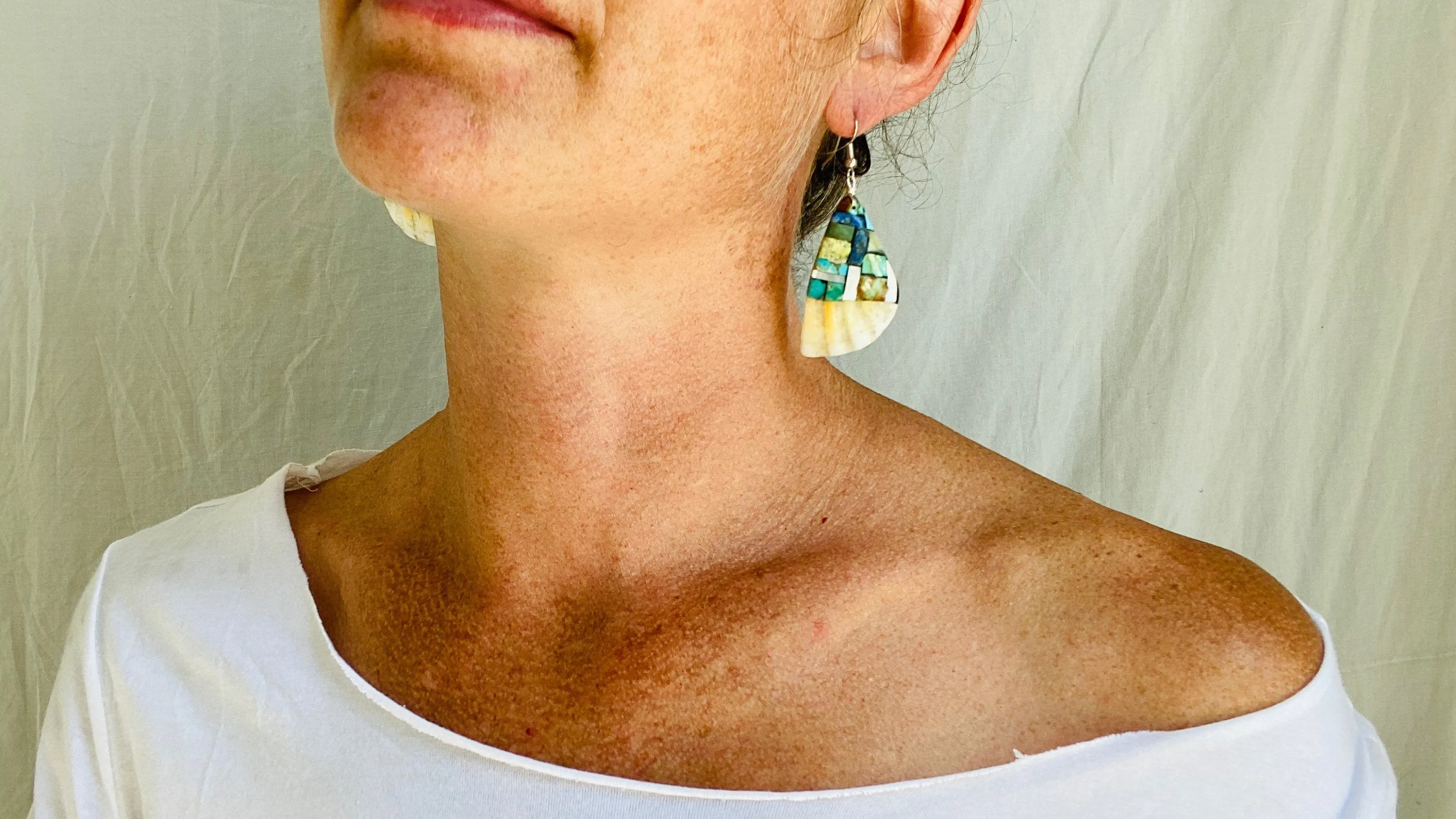 Santo Domingo Pueblo Shell & Stone Mosaic Earrings. Native American