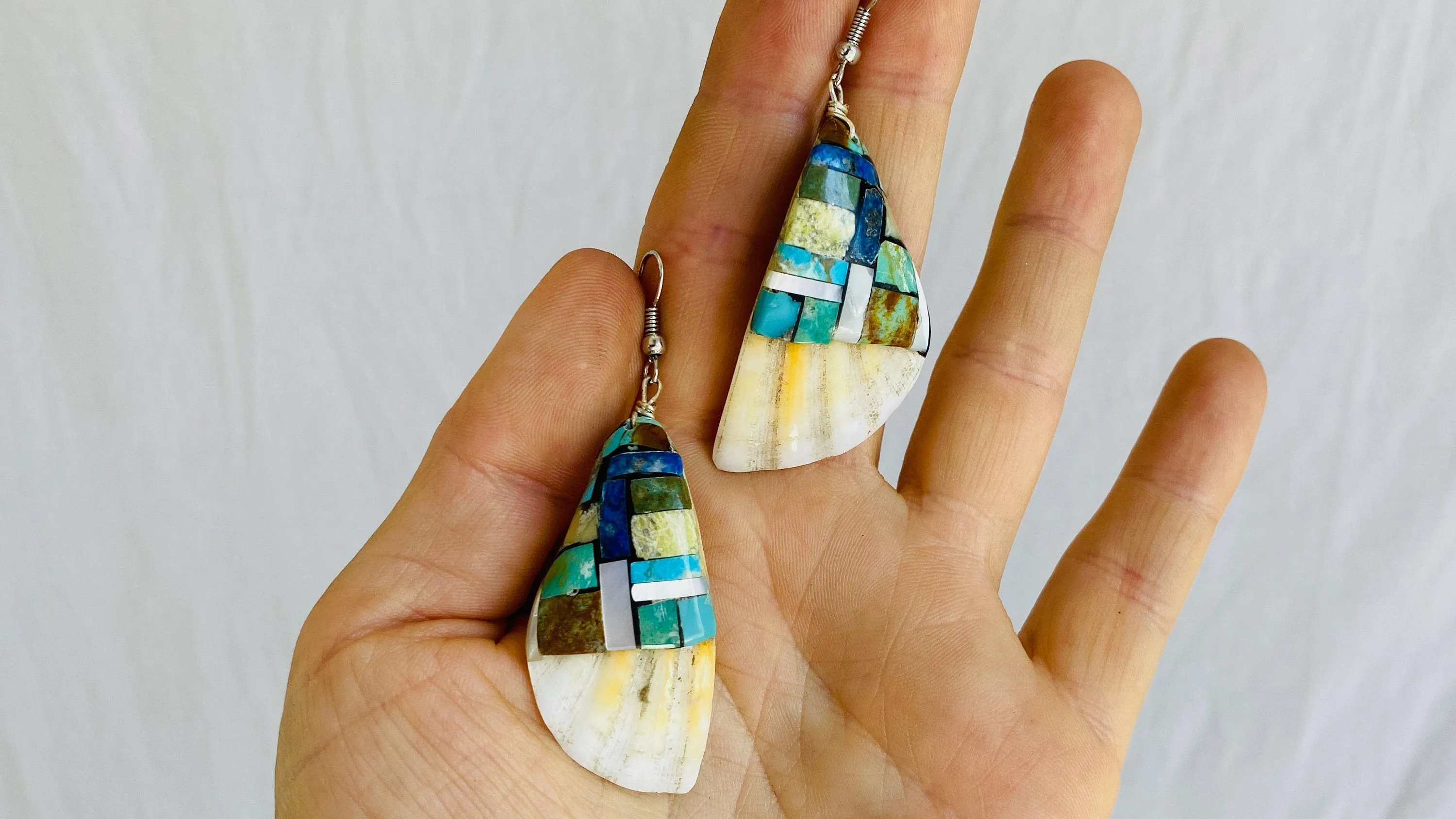 Santo Domingo Pueblo Shell & Stone Mosaic Earrings. Native American