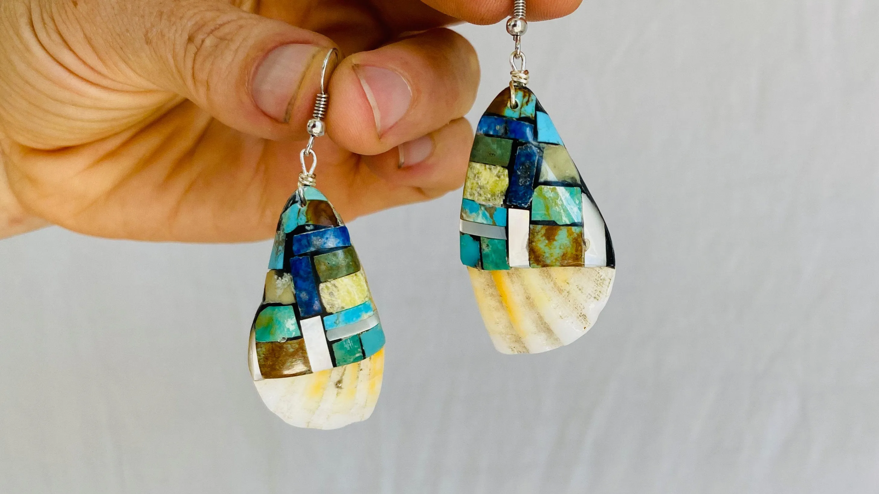 Santo Domingo Pueblo Shell & Stone Mosaic Earrings. Native American