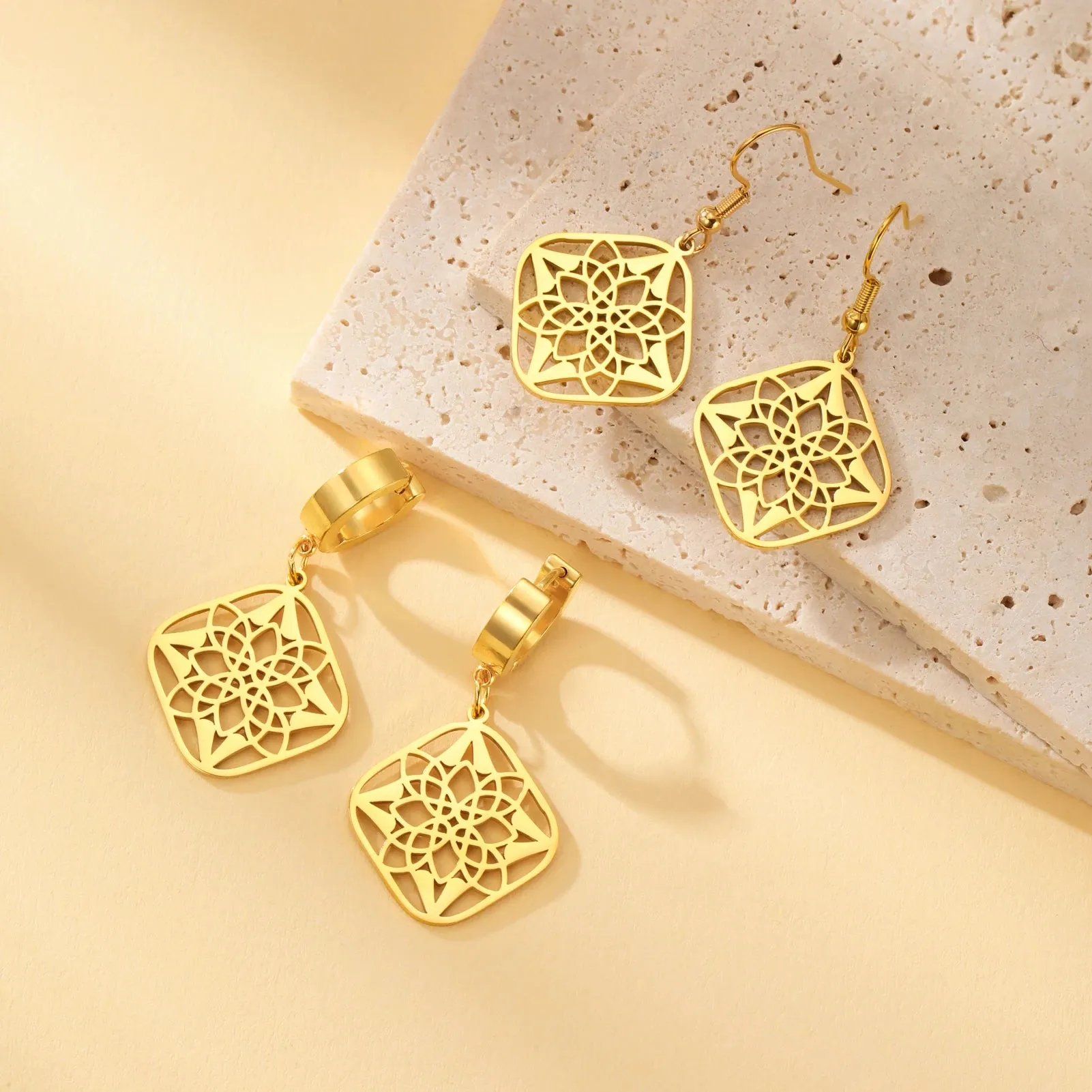 Skyrim Filigree Flower Square Pendant Drop Earrings Women